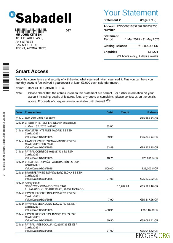 Espagne Sabadell relevé bancaire 3 mois modèle Word et PDF, 9 pages